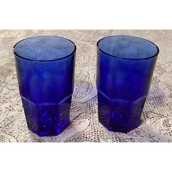2 Libbey Crisa Glass Cobalt Blue Tumblers 8 Panel Heavy Glasses 5.5" Vintage - Picture 4 of 11